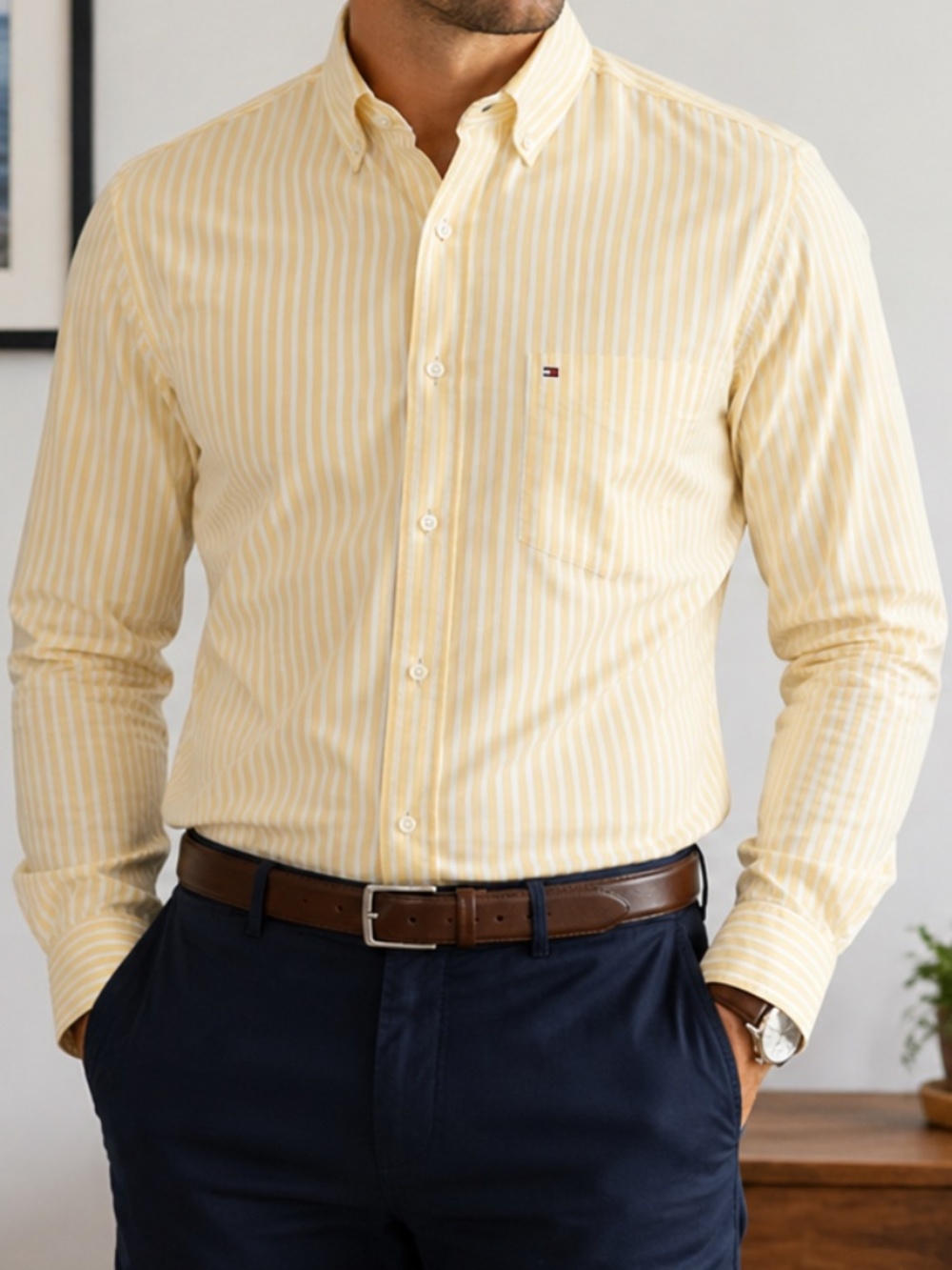 Tommy Hilfiger Trim Fit Button Down Shirt Men’s L Yellow Stripe Classic Prep